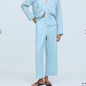 Madewell Linen Blend Blue Pull On Wide Leg Crop Pant Pockets 00